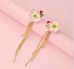 Enamel Glaze Flower Tassel Earrings