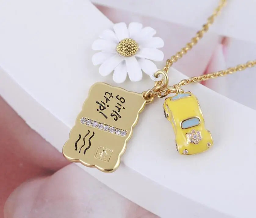 Flowers Car Metal Postcard Multi-Pendant Necklace