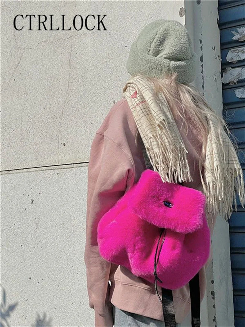 CTRLLOCK Preppy Style Candy Fur Backpack Student Schoolbag