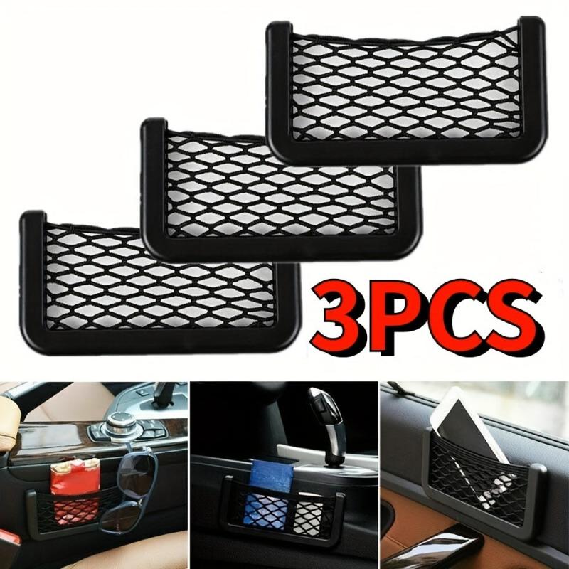 3pcs Car Storage Net Mesh Bag Double-Sided Elastic String Phone Holder