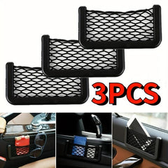 3pcs Car Storage Net Mesh Bag Double-Sided Elastic String Phone Holder