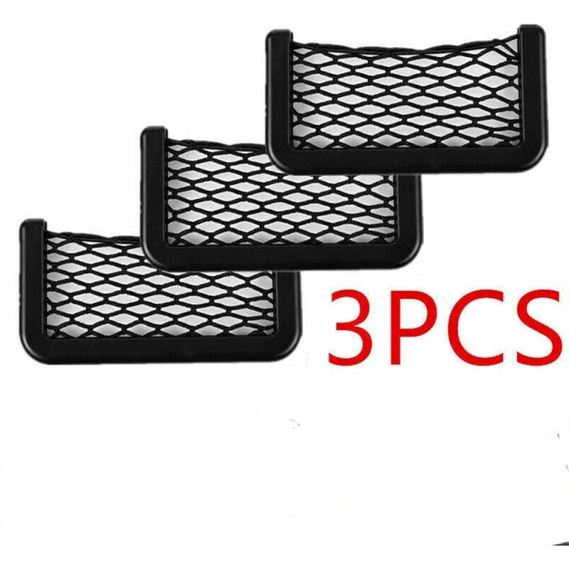 3pcs Car Storage Net Mesh Bag Double-Sided Elastic String Phone Holder