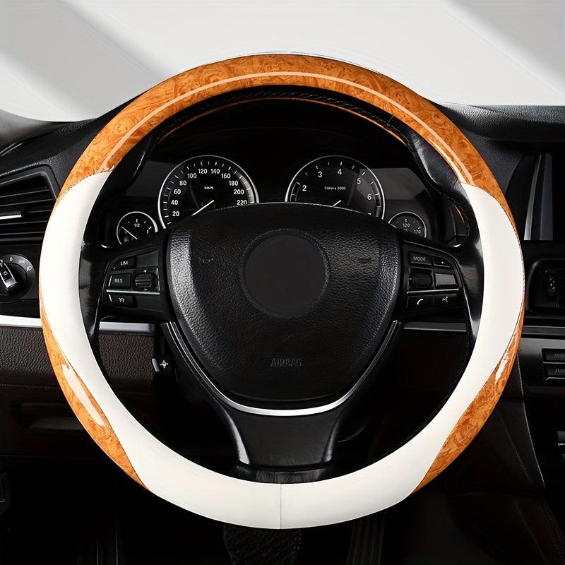 Leather Steering Wheel Cover with Peach Wood Grain - Upgrade Your Ride!