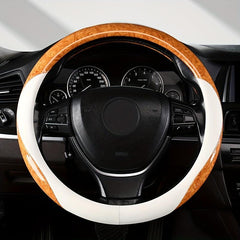 Leather Steering Wheel Cover with Peach Wood Grain - Upgrade Your Ride!