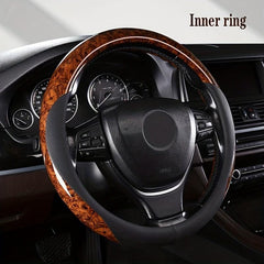 Leather Steering Wheel Cover with Peach Wood Grain - Upgrade Your Ride!