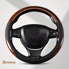 Leather Steering Wheel Cover with Peach Wood Grain - Upgrade Your Ride!