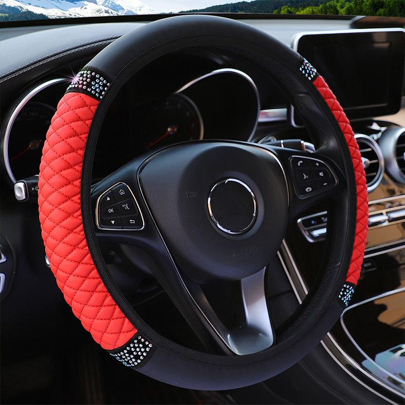 Car PU Leather Steering Wheel Cover with Artificial Diamonds