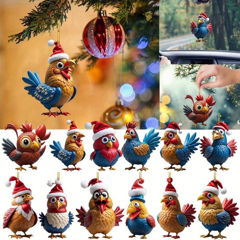 2D Christmas Rooster Pendant Acrylic Chicken Ornament Hanging Decoration