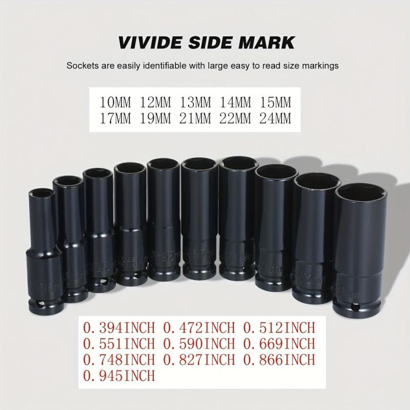 10pcs 2 54 5 08cm Impact Socket Set Carbon Steel Auto Repairing Tool