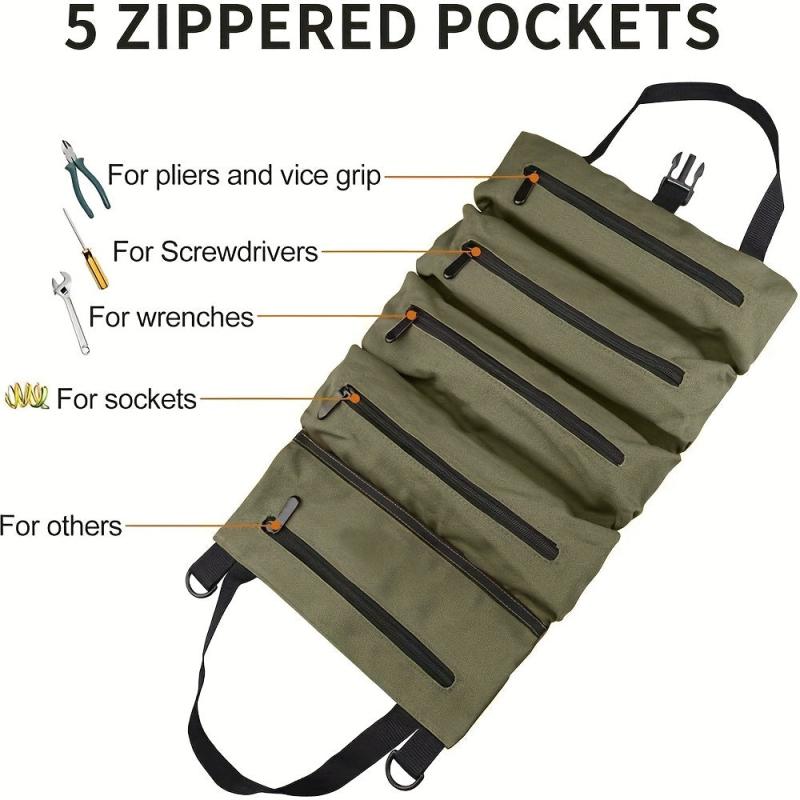 1PC Tool Roll Up Bag Wrench Roll Pouch Zipper Carrier Tote