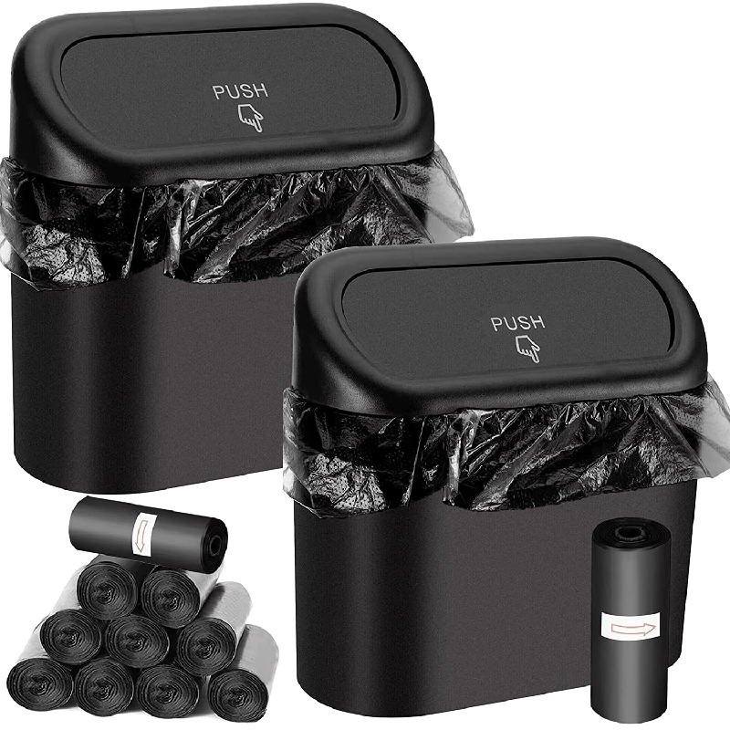 Leak Proof Mini Car Trash Can with Lid & 2 Packs of 70 Garbage Bags