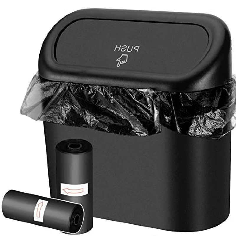 Leak Proof Mini Car Trash Can with Lid & 2 Packs of 70 Garbage Bags