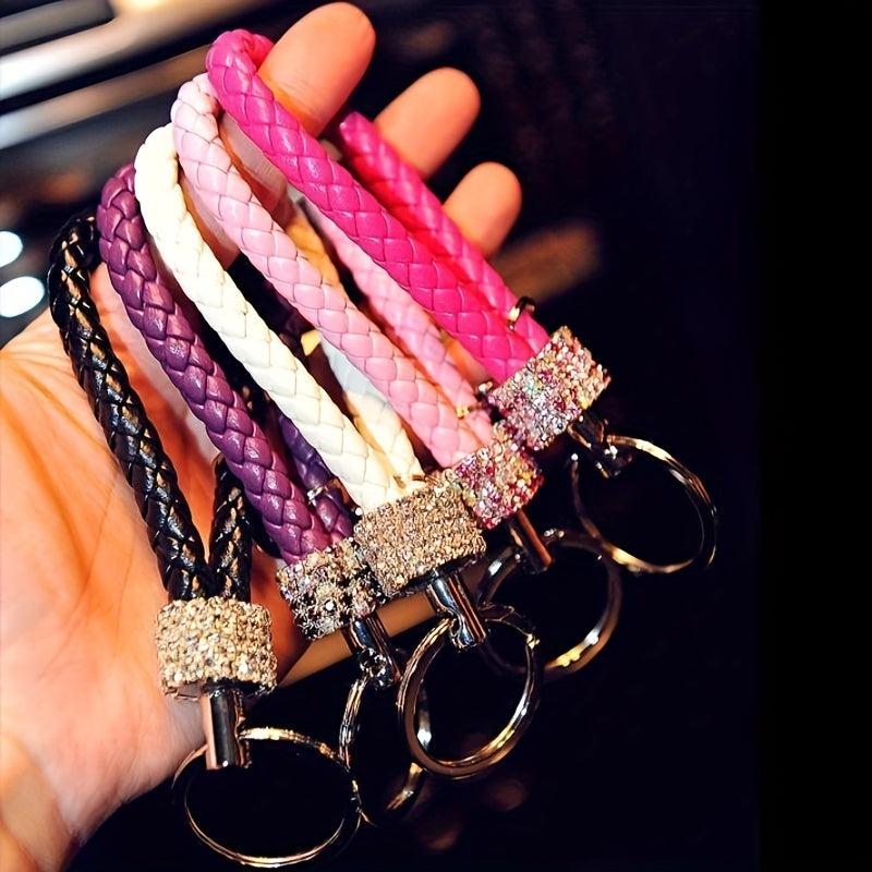 DIY Braided Rope Rhinestone Car Keychain Monochrome Key Pendant