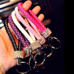 DIY Braided Rope Rhinestone Car Keychain Monochrome Key Pendant