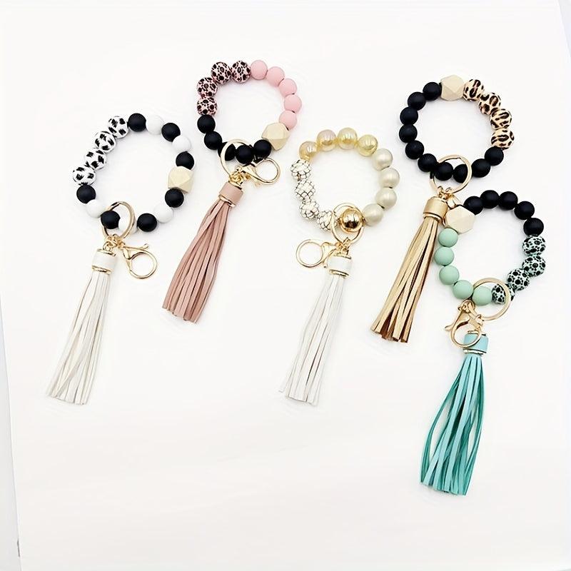Boho Style Silicone & Wood Bead Key Chain Bracelet