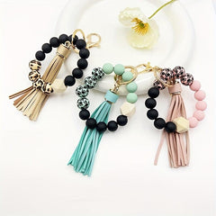 Boho Style Silicone & Wood Bead Key Chain Bracelet