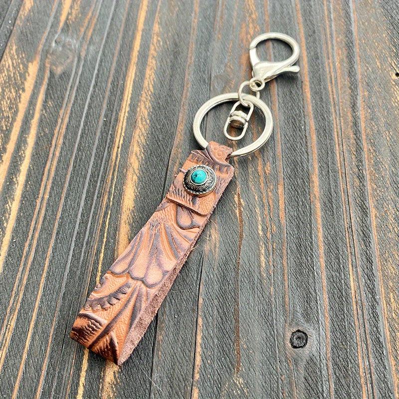 Western Retro Leather Key Chain Pine Stone Cowhide Pendant Men Women