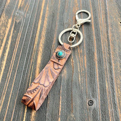 Western Retro Leather Key Chain Pine Stone Cowhide Pendant Men Women
