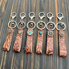 Western Retro Leather Key Chain Pine Stone Cowhide Pendant Men Women