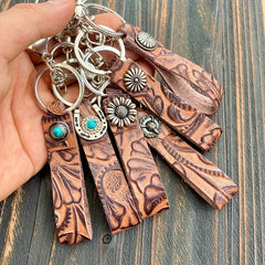 Western Retro Leather Key Chain Pine Stone Cowhide Pendant Men Women