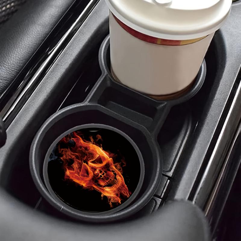 2pcs Flame Skull Print Car Cup Holder Coasters Car Accessories