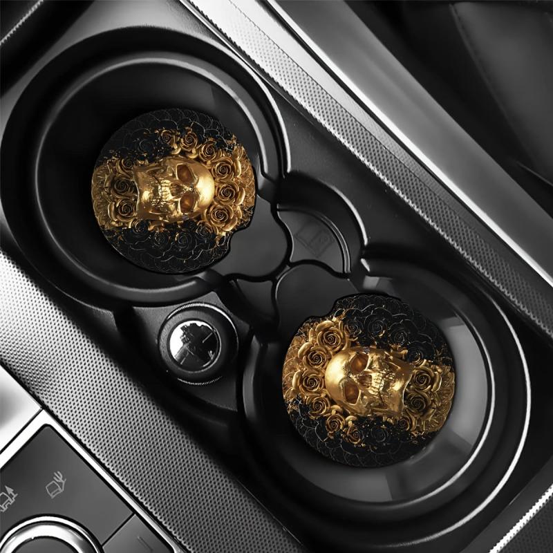 2pcs Golden Skull Car Cup Holder Coasters