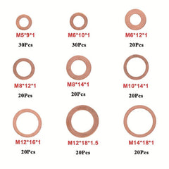 200pcs Copper Washer Gasket Nut Bolt Set Flat Ring Seal Assortment Kit