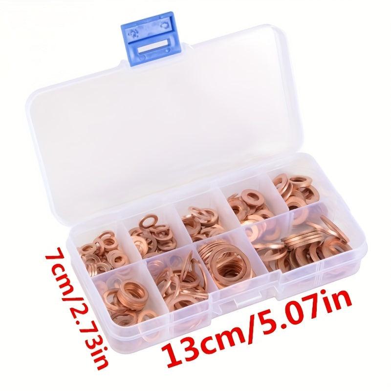 200pcs Copper Washer Gasket Nut Bolt Set Flat Ring Seal Assortment Kit