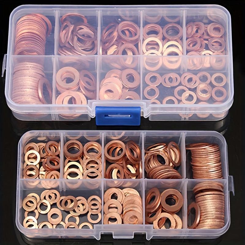 200pcs Copper Washer Gasket Nut Bolt Set Flat Ring Seal Assortment Kit