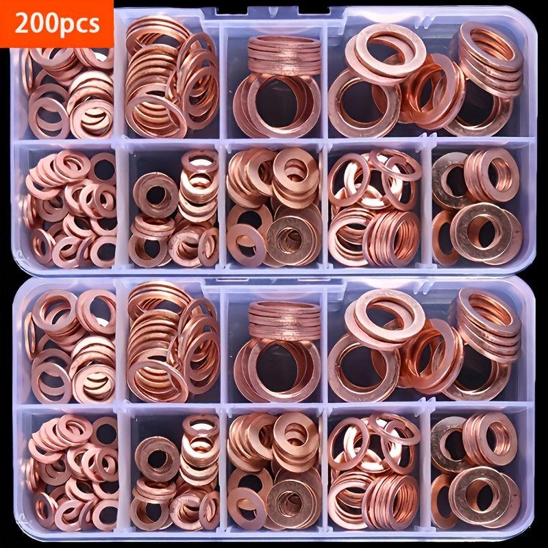 200pcs Copper Washer Gasket Nut Bolt Set Flat Ring Seal Assortment Kit