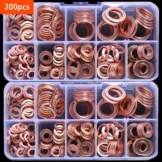 200pcs Copper Washer Gasket Nut Bolt Set Flat Ring Seal Assortment Kit