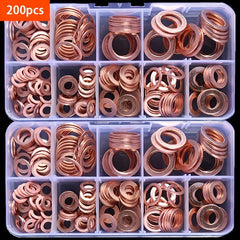 200pcs Copper Washer Gasket Nut Bolt Set Flat Ring Seal Assortment Kit