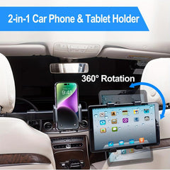 Car Headrest Tablet & Phone Holder, Anti Shake, Adjustable 2-in-1 Mount