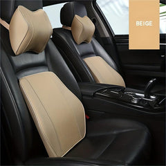Car Memory Foam Headrest Neck Pillow Leather Lumbar Support Set