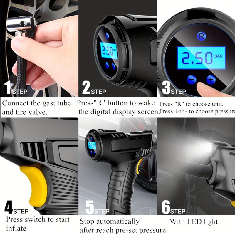 Portable Air Compressor Car Air Pump Digital Display LED Light Nozzle Adaptors