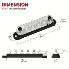 12V 6X1/4 M6 Terminal Studs Bus Bar Terminal Block Cover 150A 48V DC Power Distr
