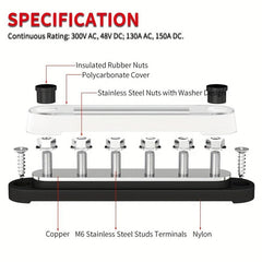 12V 6X1/4 M6 Terminal Studs Bus Bar Terminal Block Cover 150A 48V DC Power Distr