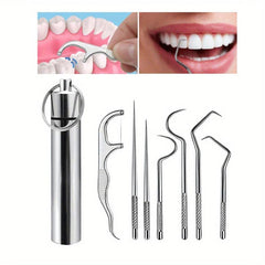 7pcs Stainless Steel Toothpicks Dental Floss Tube Oral Care Set