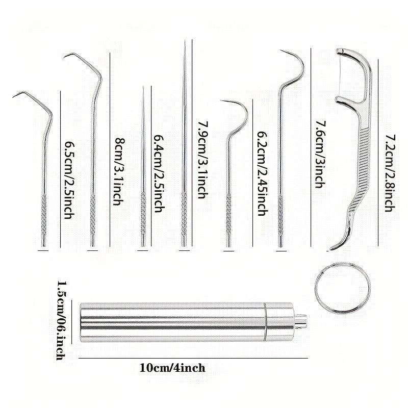 7pcs Stainless Steel Toothpick Dental Floss Set Portable Storage Tube