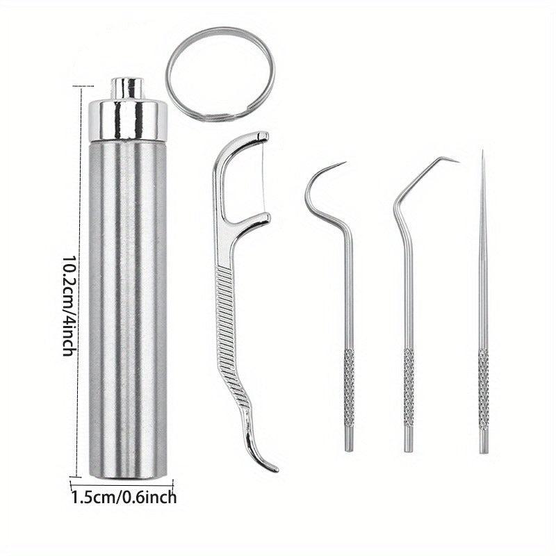 7pcs Stainless Steel Toothpick Dental Floss Set Portable Storage Tube