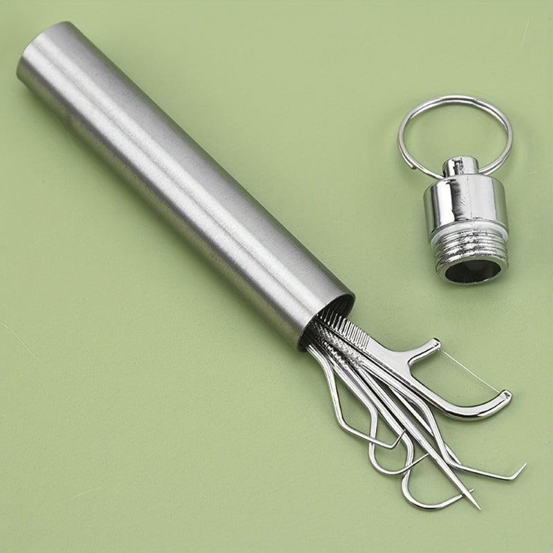 7pcs Stainless Steel Toothpick Dental Floss Set Portable Storage Tube