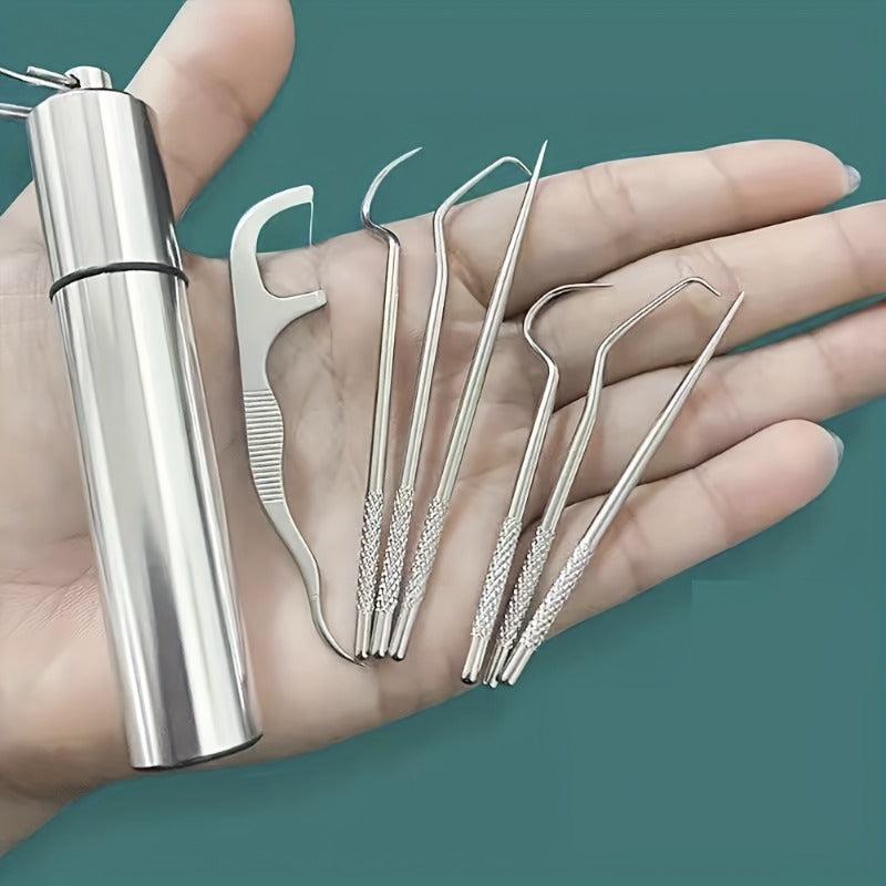 7pcs Stainless Steel Toothpick Dental Floss Set Portable Storage Tube