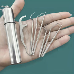 7pcs Stainless Steel Toothpick Dental Floss Set Portable Storage Tube