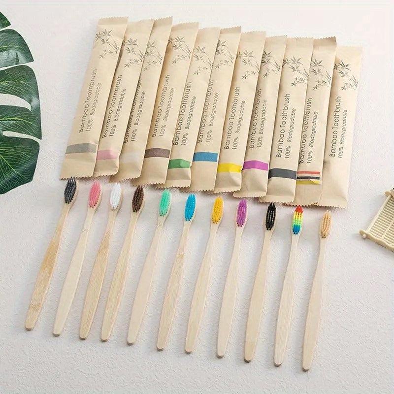 10pcs Bamboo Toothbrush Set, Eco-Friendly Single Cowhide Wrapped, Natural