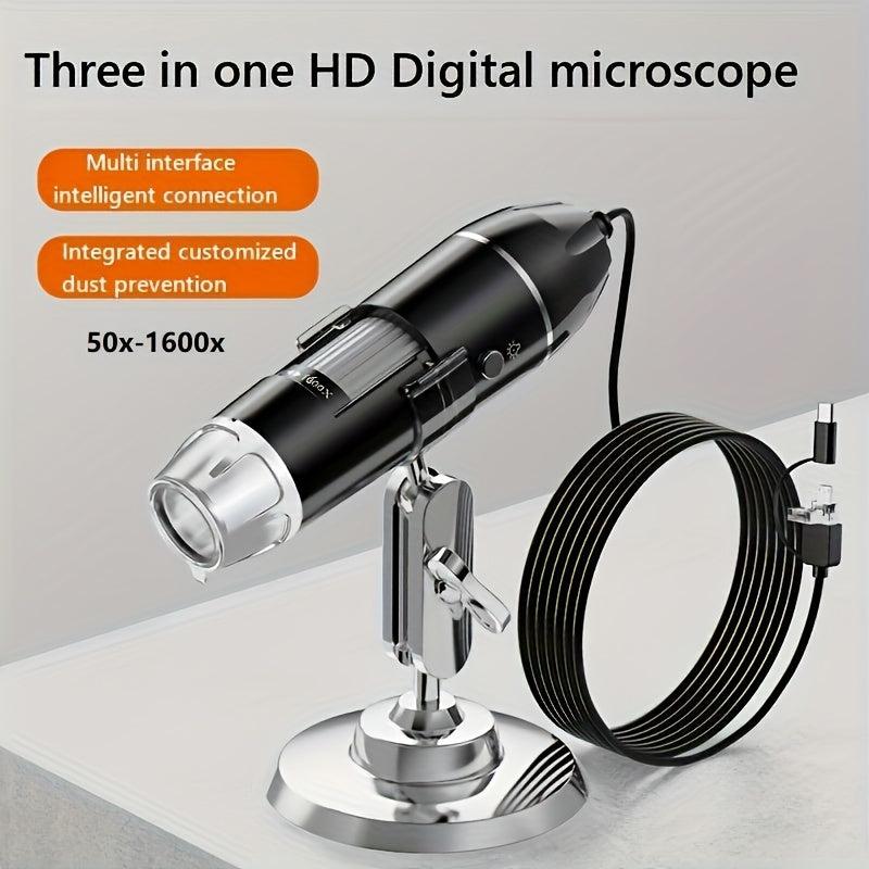 HD Digital Microscope 1600X with Universal Stand, LED Fill Light
