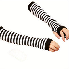 Striped Sleeve Punk Gothic Long Arm Warmer Fingerless Gloves Cosplay