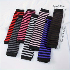 Striped Sleeve Punk Gothic Long Arm Warmer Fingerless Gloves Cosplay
