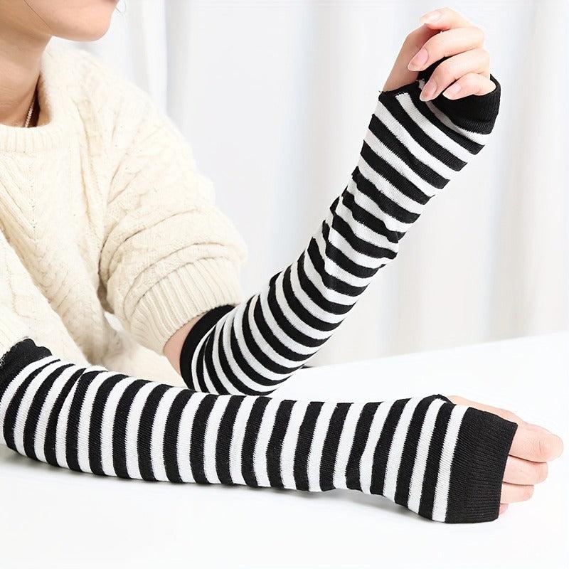 Striped Sleeve Punk Gothic Long Arm Warmer Fingerless Gloves Cosplay