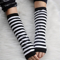 Striped Sleeve Punk Gothic Long Arm Warmer Fingerless Gloves Cosplay