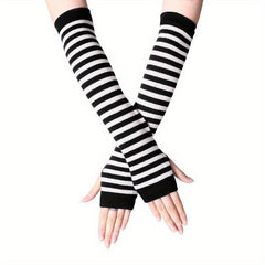 Striped Sleeve Punk Gothic Long Arm Warmer Fingerless Gloves Cosplay
